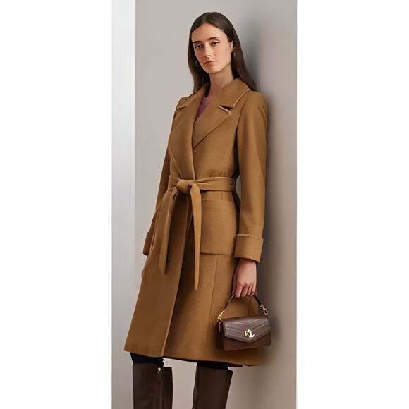 Lauren Ralph Lauren Women's Double-Faced Wool-Blend Wrap Coat Camel Melange Sz 8 - Picture 1 of 5